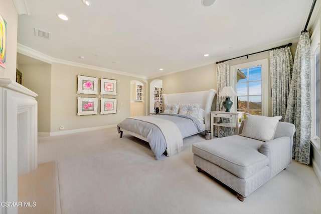 carpeted bedroom with crown molding