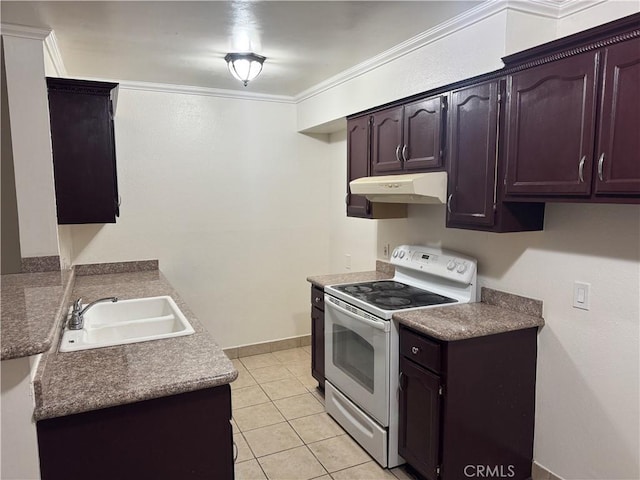 kitchen featuring sink, white electric range oven, light tile patterned floors, crown molding, and dark brown cabinets