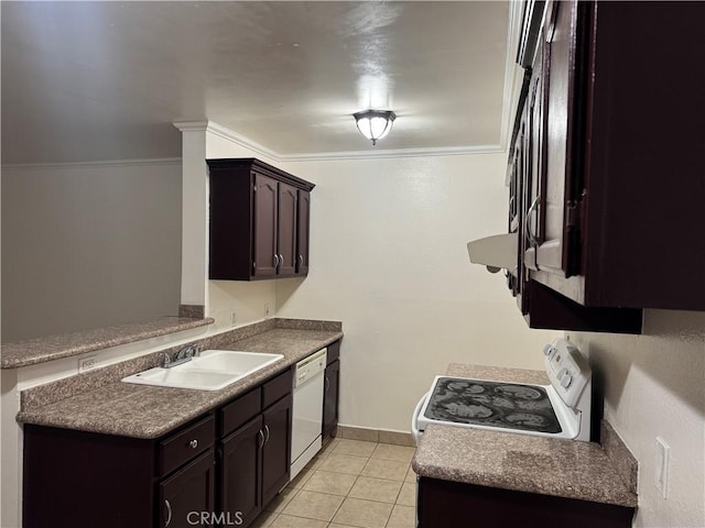 kitchen with light tile patterned flooring, sink, ornamental molding, dark brown cabinets, and white appliances