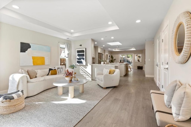 living room featuring a skylight, light wood-type flooring, and a tray ceiling