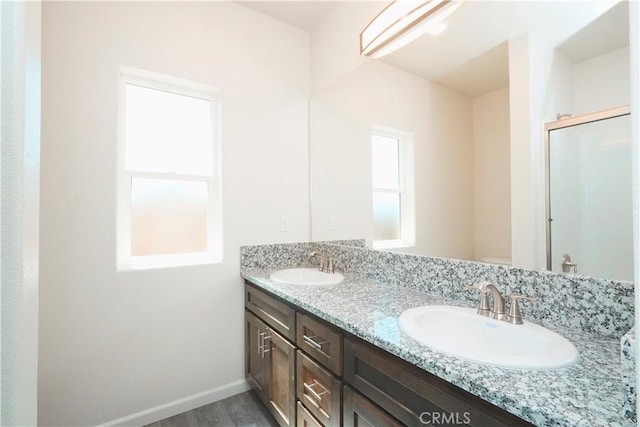 bathroom with hardwood / wood-style flooring and vanity