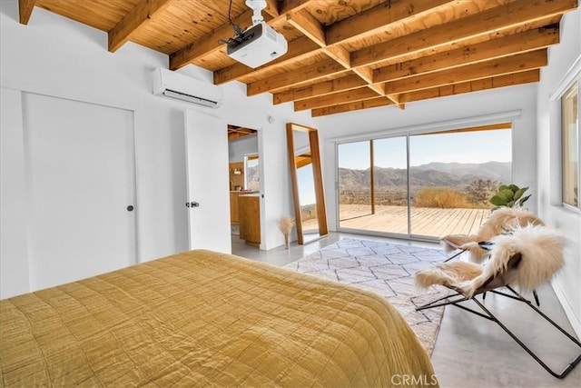 unfurnished bedroom with wooden ceiling, access to outside, a mountain view, a wall unit AC, and beamed ceiling