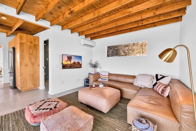 living room featuring beam ceiling, a wall unit AC, and wooden ceiling