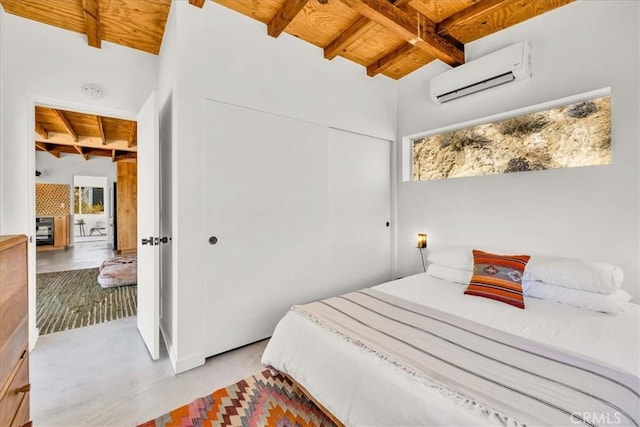 bedroom featuring a wall mounted air conditioner, wooden ceiling, a closet, beamed ceiling, and a fireplace