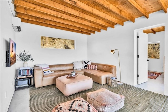 living room with a wall mounted air conditioner, beam ceiling, and wooden ceiling