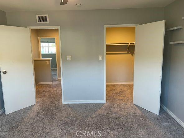 unfurnished bedroom featuring a walk in closet and dark colored carpet