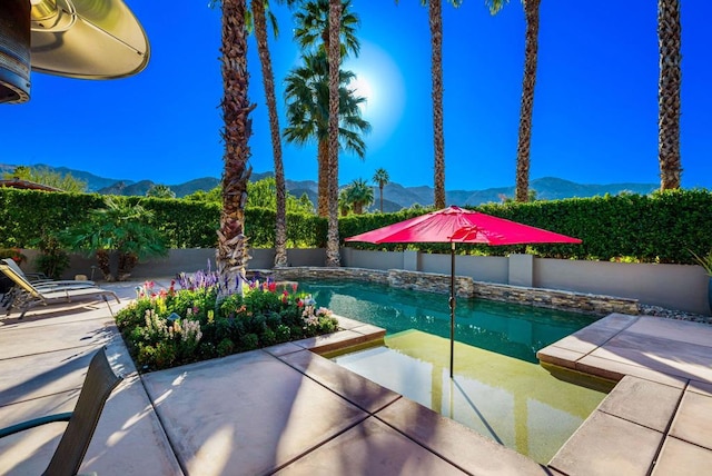 view of swimming pool with a mountain view and a patio