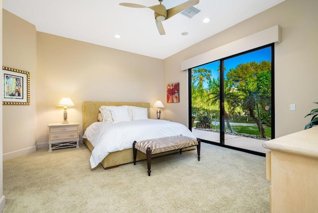 bedroom featuring carpet flooring, access to exterior, and ceiling fan