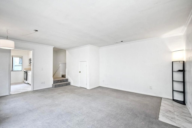 carpeted spare room with crown molding