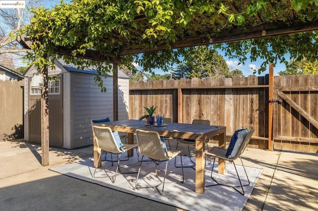 view of patio / terrace featuring a storage shed