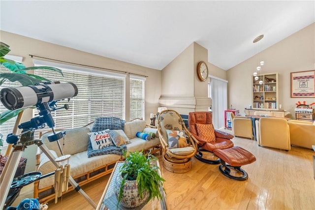 living room featuring vaulted ceiling and light hardwood / wood-style flooring