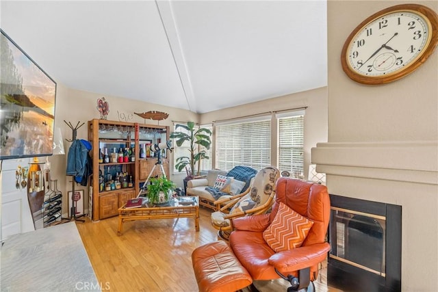 living room featuring lofted ceiling and hardwood / wood-style floors