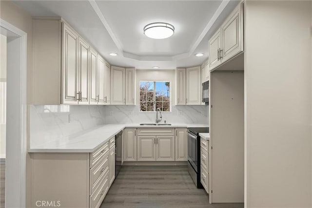 kitchen with tasteful backsplash, a raised ceiling, dishwasher, stainless steel electric range oven, and a sink