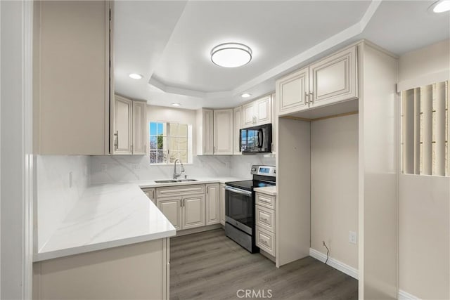 kitchen with light stone counters, stainless steel electric range oven, a raised ceiling, a sink, and black microwave