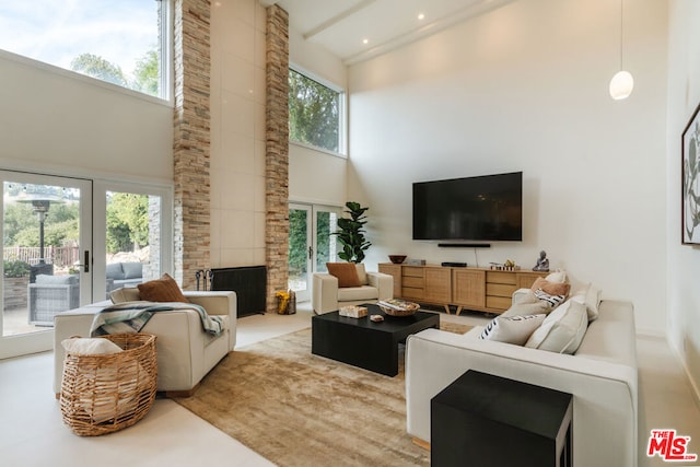 living room featuring french doors, a high ceiling, and a wealth of natural light