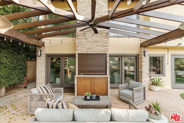 view of patio / terrace featuring french doors, ceiling fan, and an outdoor hangout area