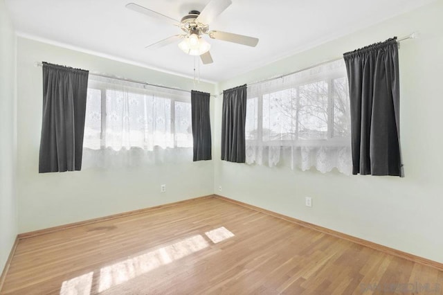 unfurnished room with wood-type flooring, plenty of natural light, and ceiling fan