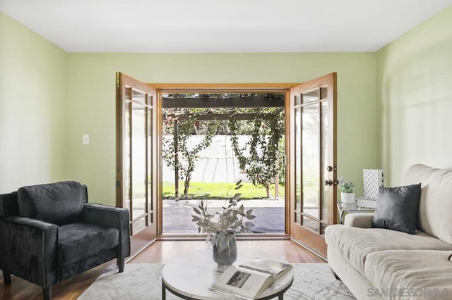 living room featuring french doors and light hardwood / wood-style flooring