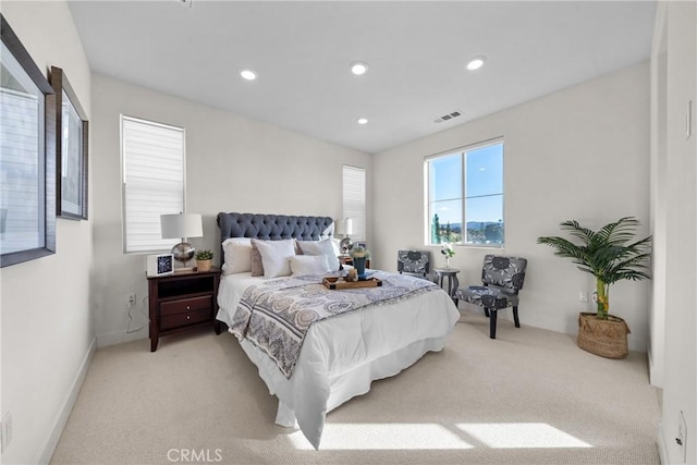 bedroom with light carpet