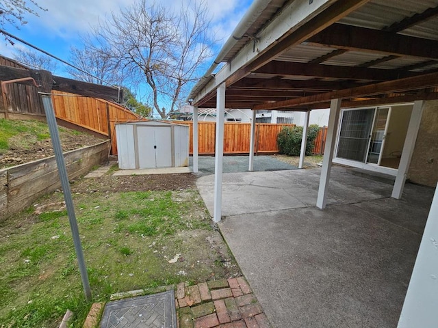 view of yard featuring a patio area and a storage unit