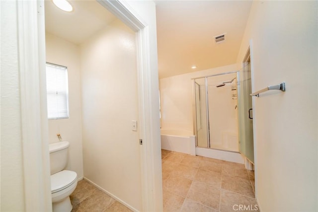 bathroom with tile patterned flooring, plus walk in shower, and toilet