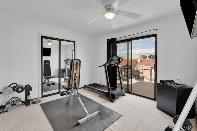 exercise area featuring carpet floors and ceiling fan