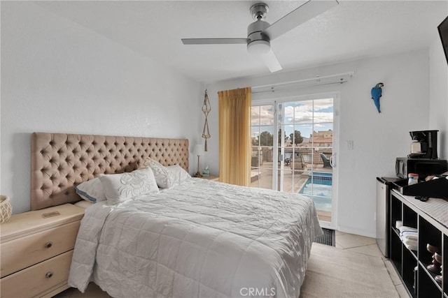 bedroom with access to outside, light colored carpet, and ceiling fan