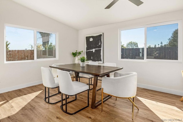 dining space featuring vaulted ceiling, ceiling fan, and light hardwood / wood-style floors