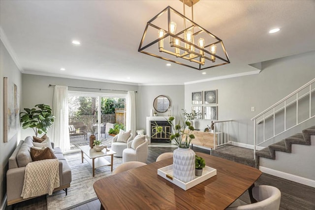 dining room featuring wood-type flooring and crown molding