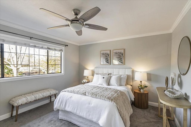 bedroom with ornamental molding, carpet, and ceiling fan