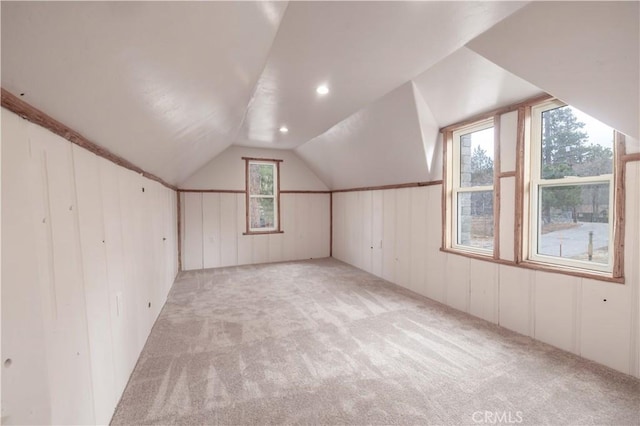 additional living space with light carpet and vaulted ceiling