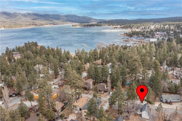 birds eye view of property featuring a water and mountain view