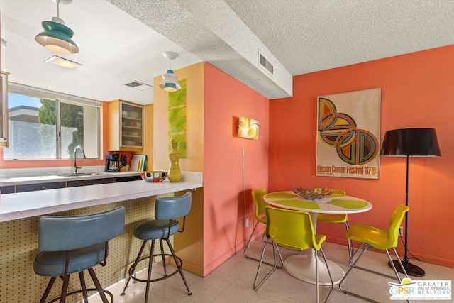 kitchen with sink, a breakfast bar, and a textured ceiling