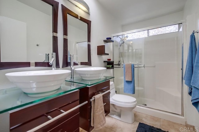 bathroom with tile patterned flooring, vanity, a shower with door, and toilet