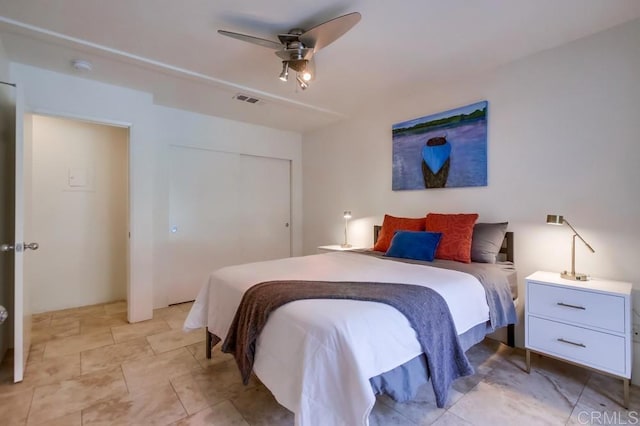 bedroom featuring ceiling fan and a closet