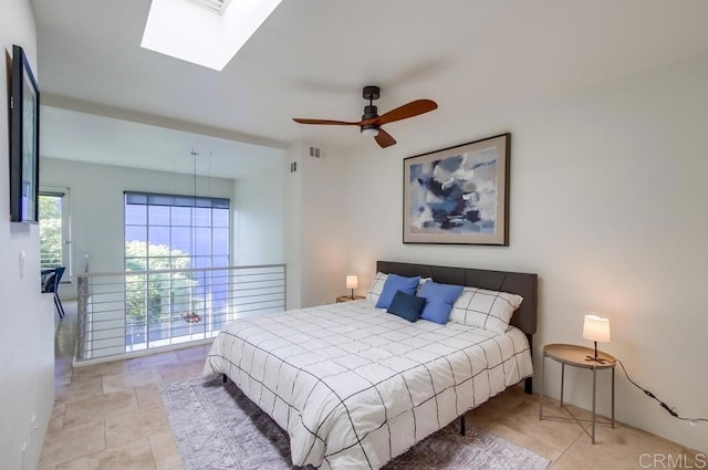 bedroom featuring ceiling fan and a skylight