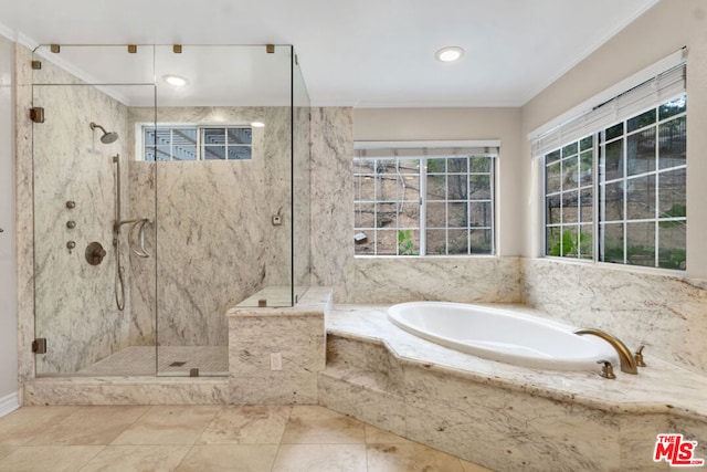 bathroom with crown molding and plus walk in shower