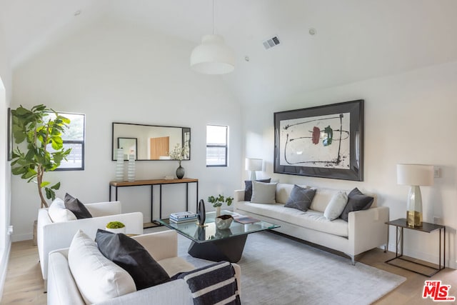 living room featuring high vaulted ceiling and light hardwood / wood-style flooring