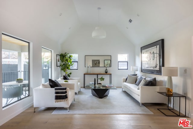 living room with high vaulted ceiling and light hardwood / wood-style flooring