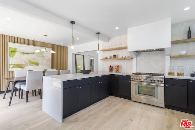 kitchen featuring pendant lighting, light hardwood / wood-style flooring, stainless steel range, kitchen peninsula, and beamed ceiling