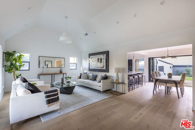 living room featuring high vaulted ceiling and light hardwood / wood-style flooring