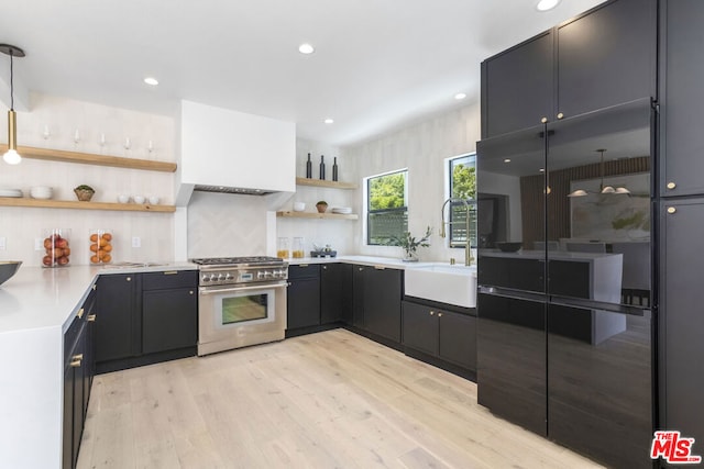 kitchen with pendant lighting, sink, light hardwood / wood-style flooring, backsplash, and high end stainless steel range