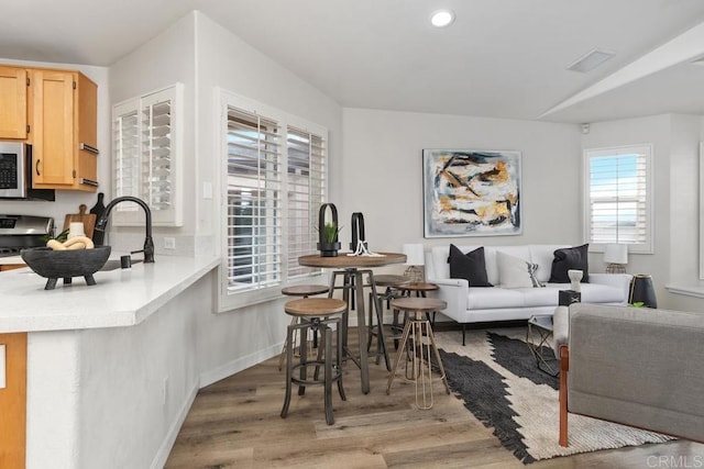 interior space with sink, light hardwood / wood-style flooring, appliances with stainless steel finishes, and light brown cabinets