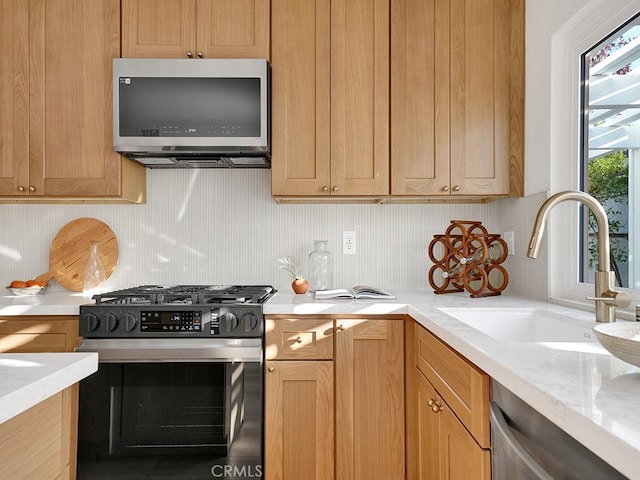 kitchen with appliances with stainless steel finishes, light stone countertops, and sink