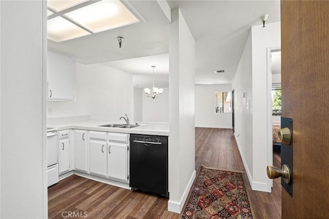 kitchen featuring white cabinetry, black dishwasher, sink, and dark hardwood / wood-style floors