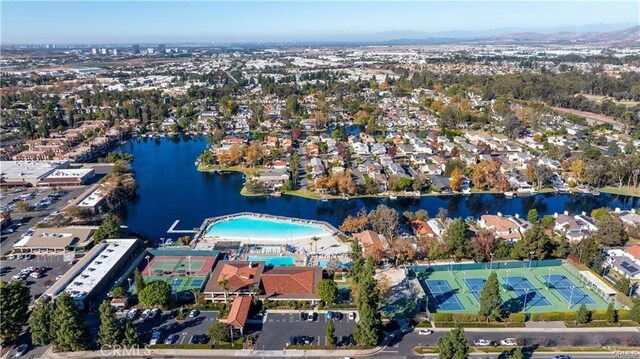 aerial view featuring a water view