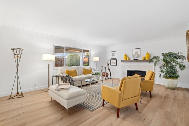 living room featuring ornamental molding and light hardwood / wood-style flooring