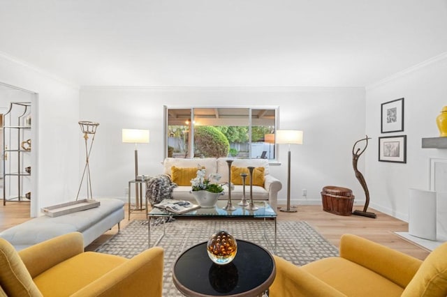 living room featuring ornamental molding and light hardwood / wood-style flooring