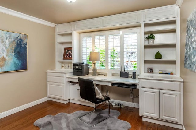 office featuring crown molding and dark hardwood / wood-style floors