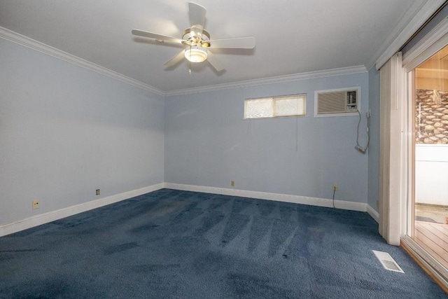 carpeted empty room with ceiling fan, crown molding, a wealth of natural light, and a wall mounted AC